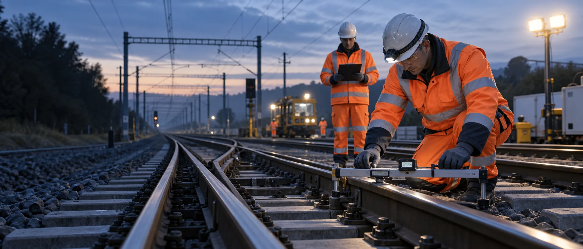 Team performing quality measurement and safety checks on railway track